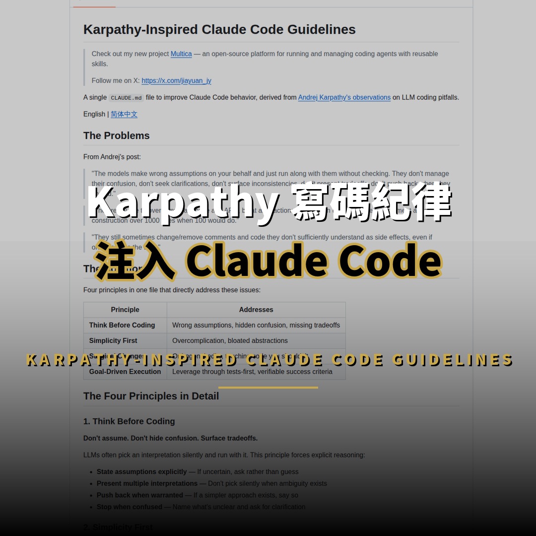 20.6萬星開源項目：Karpathy 寫碼指南 — 讓 AI 代理寫出有紀律的程式碼