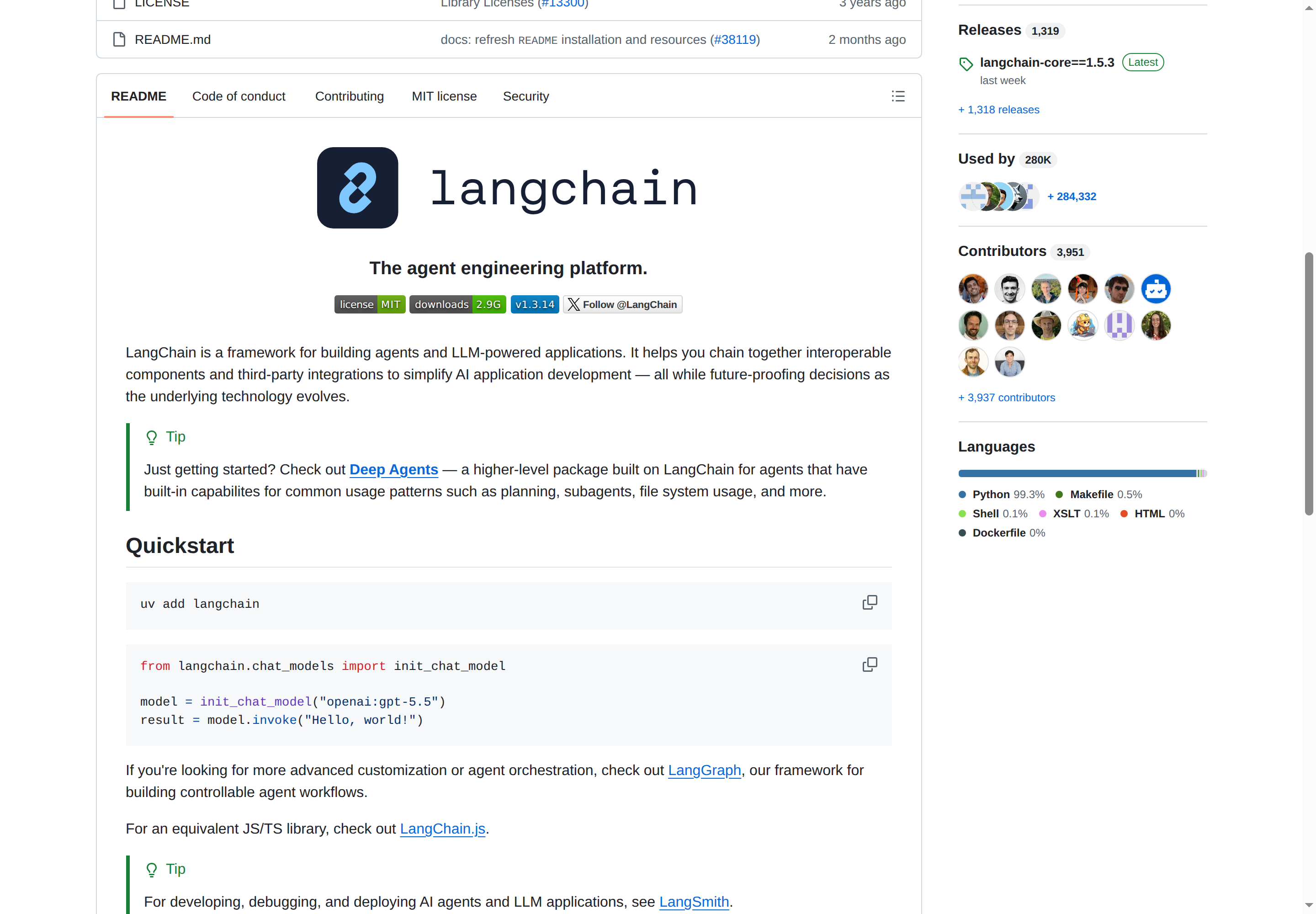LangChain README 核心內容（Quickstart + Ecosystem）