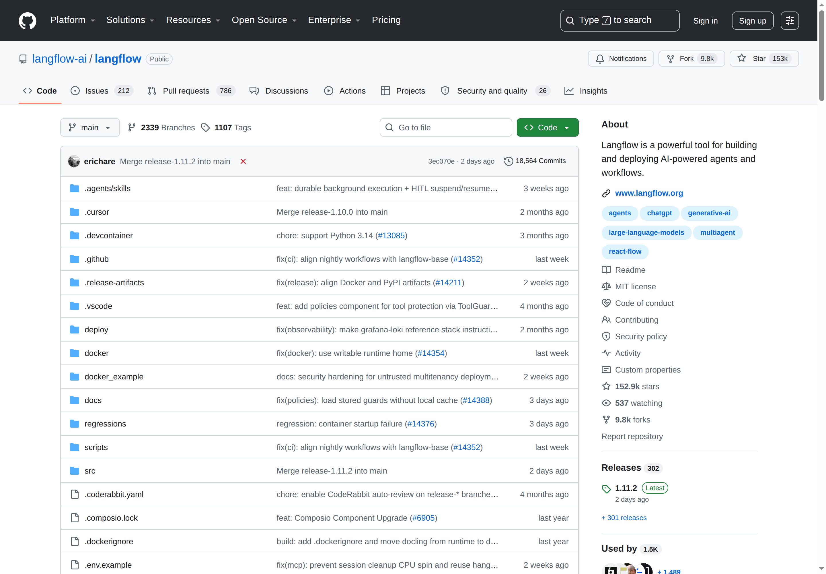 Langflow GitHub 主頁（153k stars + 項目描述）