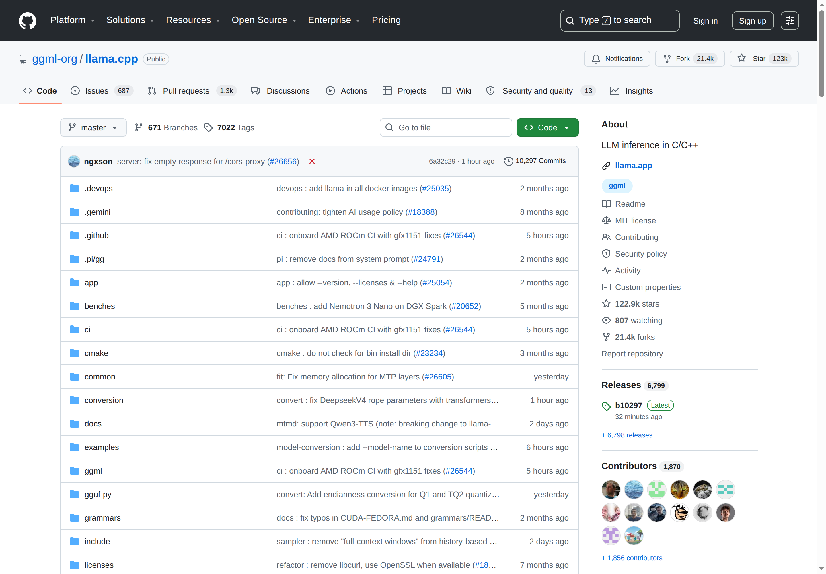 llama.cpp GitHub 主頁（123k stars + 項目描述）