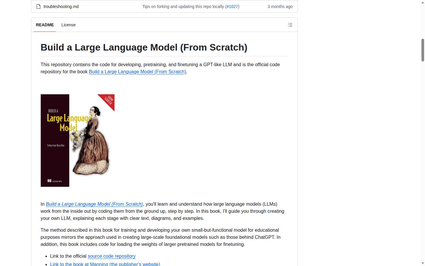 LLMs-from-scratch README 開頭（項目 H1 大字 + 書籍封面 + 定位描述）
