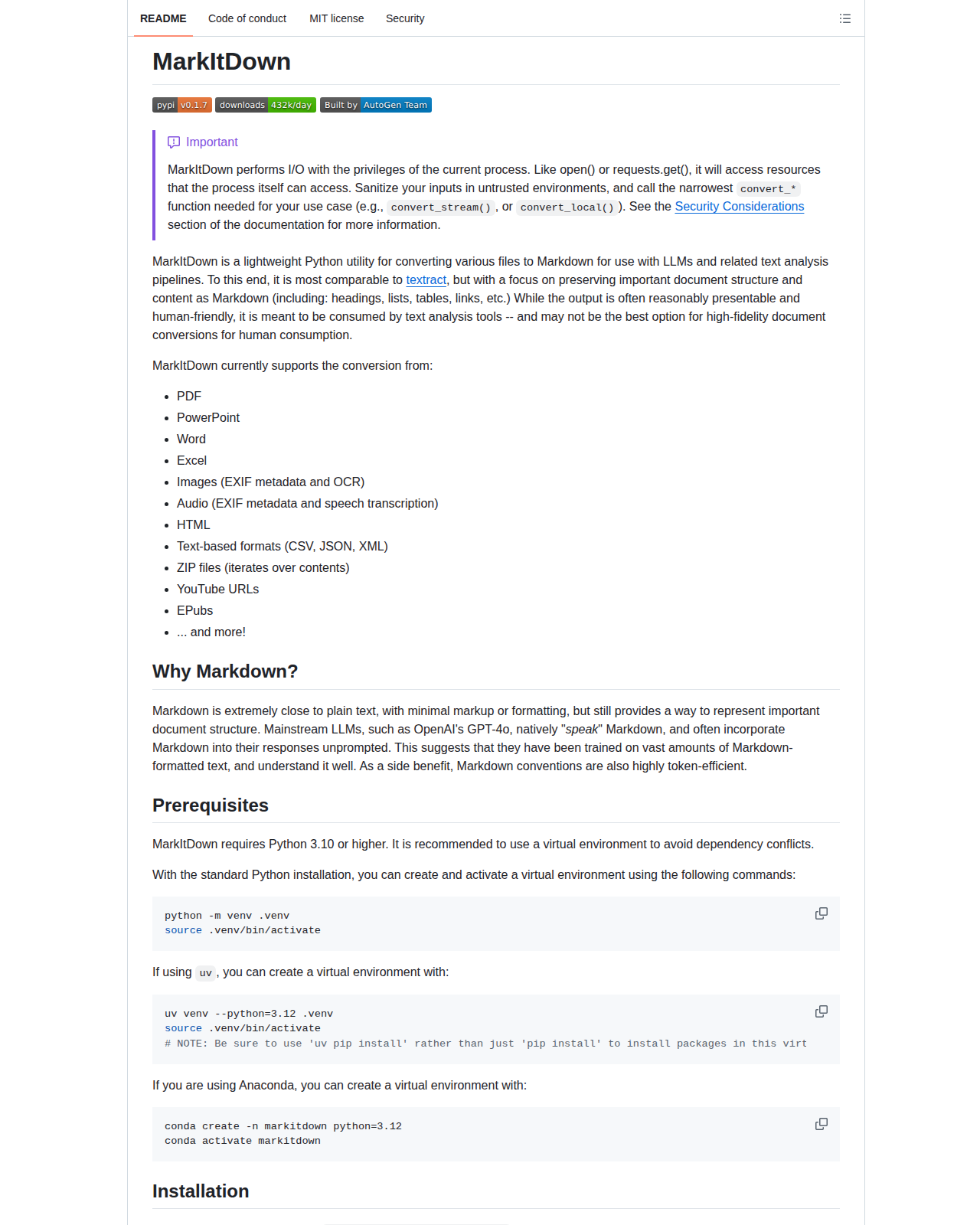 MarkItDown README 開頭(項目名稱「MarkItDown」大標題 + PyPI 版本徽章 + 每日 43.2 萬下載量徽章 + 「Built by AutoGen Team」徽章 + 紫色 Important 安全提示框)