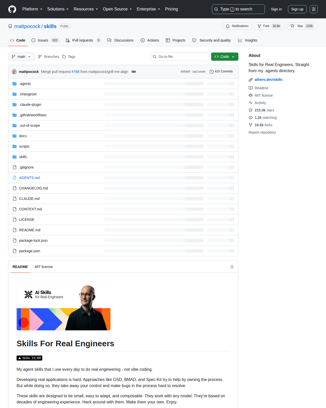Matt Pocock Skills GitHub 首頁頂部（repo 名稱 mattpocock/skills + 215k Star 數量 + Skills for Real Engineers 項目描述）