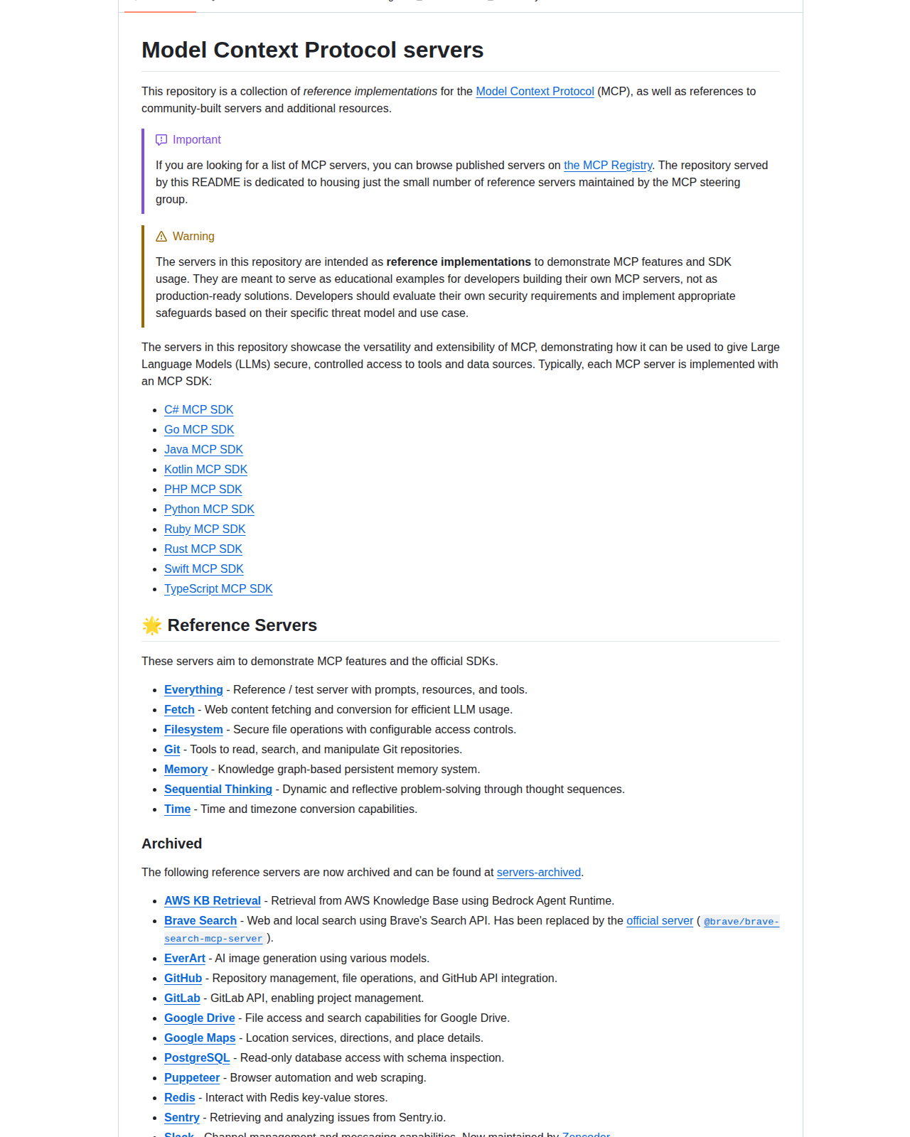 modelcontextprotocol/servers README 開頭（項目名稱 Model Context Protocol servers 標題、說明文字，以及七個參考伺服器清單的起始段落）