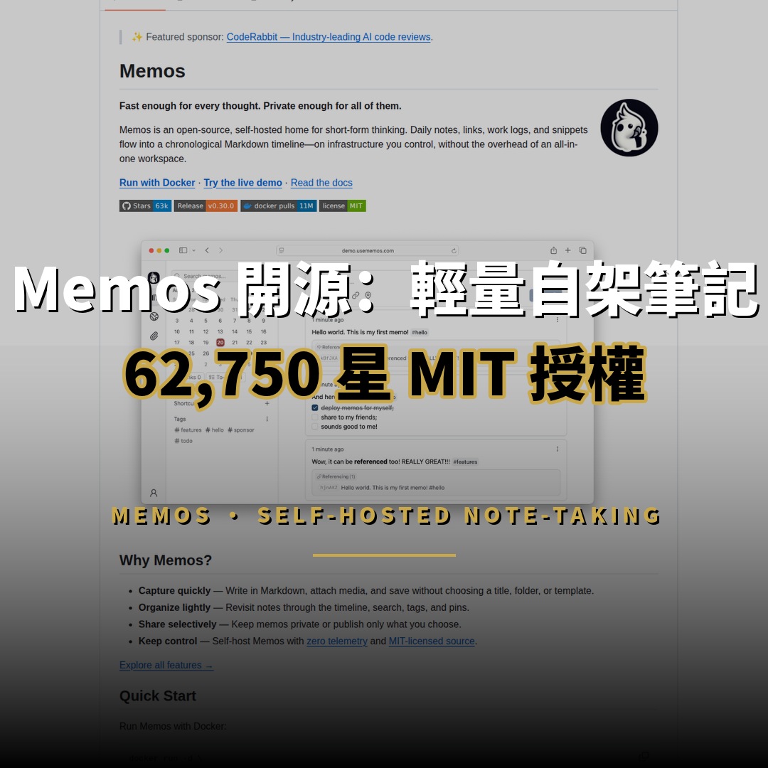 Memos 開源：62,750 星自架筆記工具