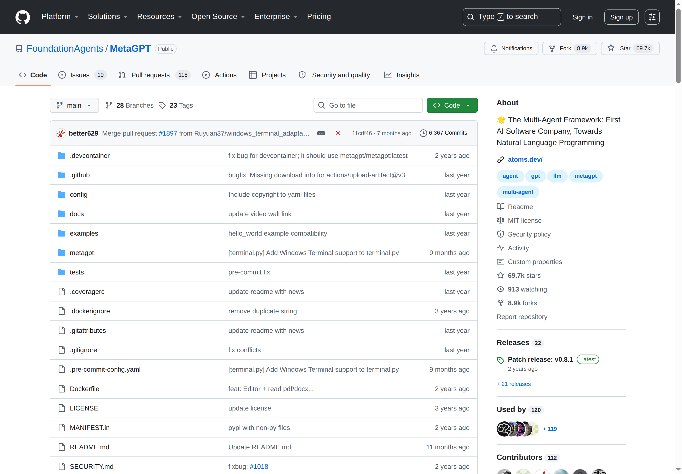 MetaGPT GitHub 主頁（69.7K stars + 項目描述）