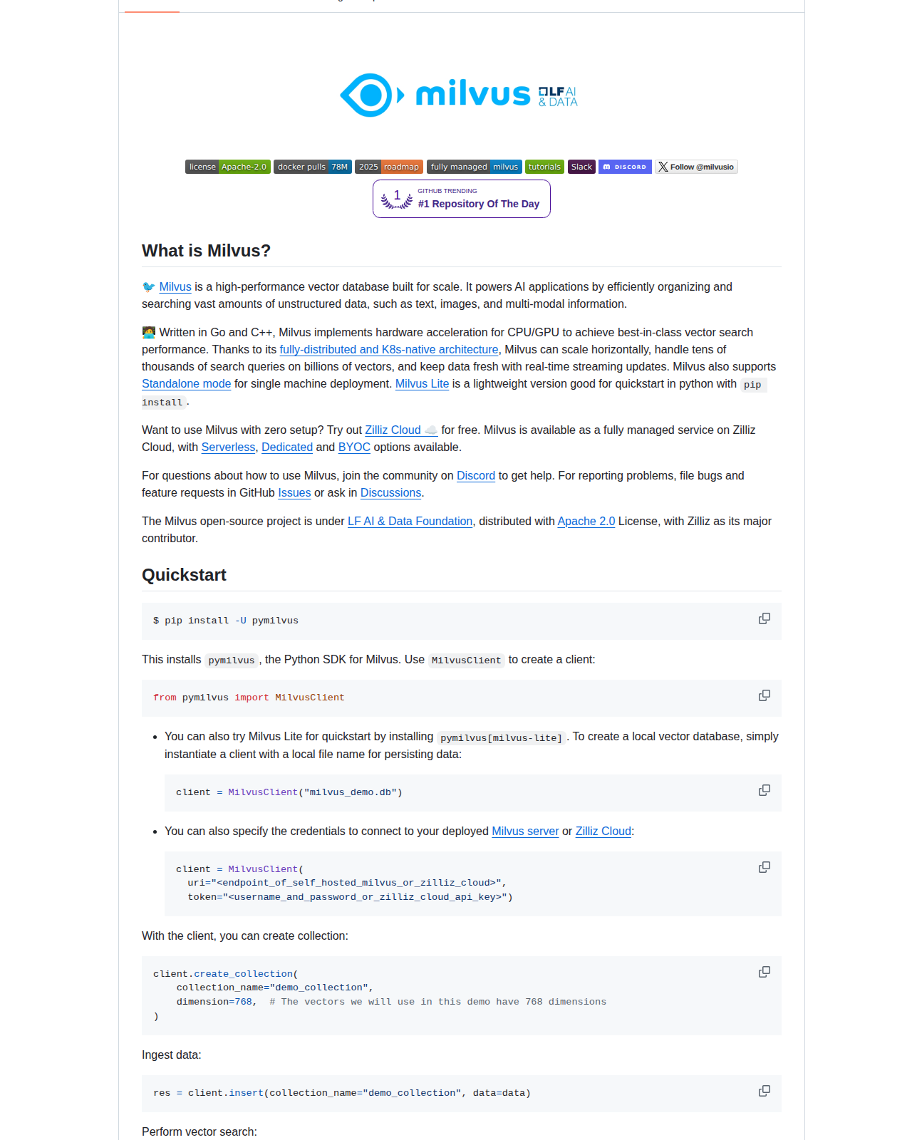 Milvus README 開頭（項目名稱與定位描述）