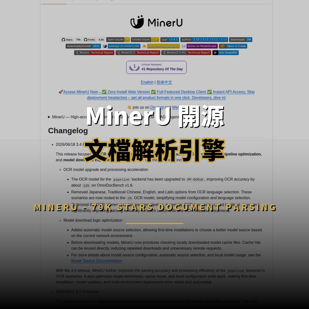 MinerU 開源：PDF 轉 Markdown 利器，79K 星文檔解析引擎