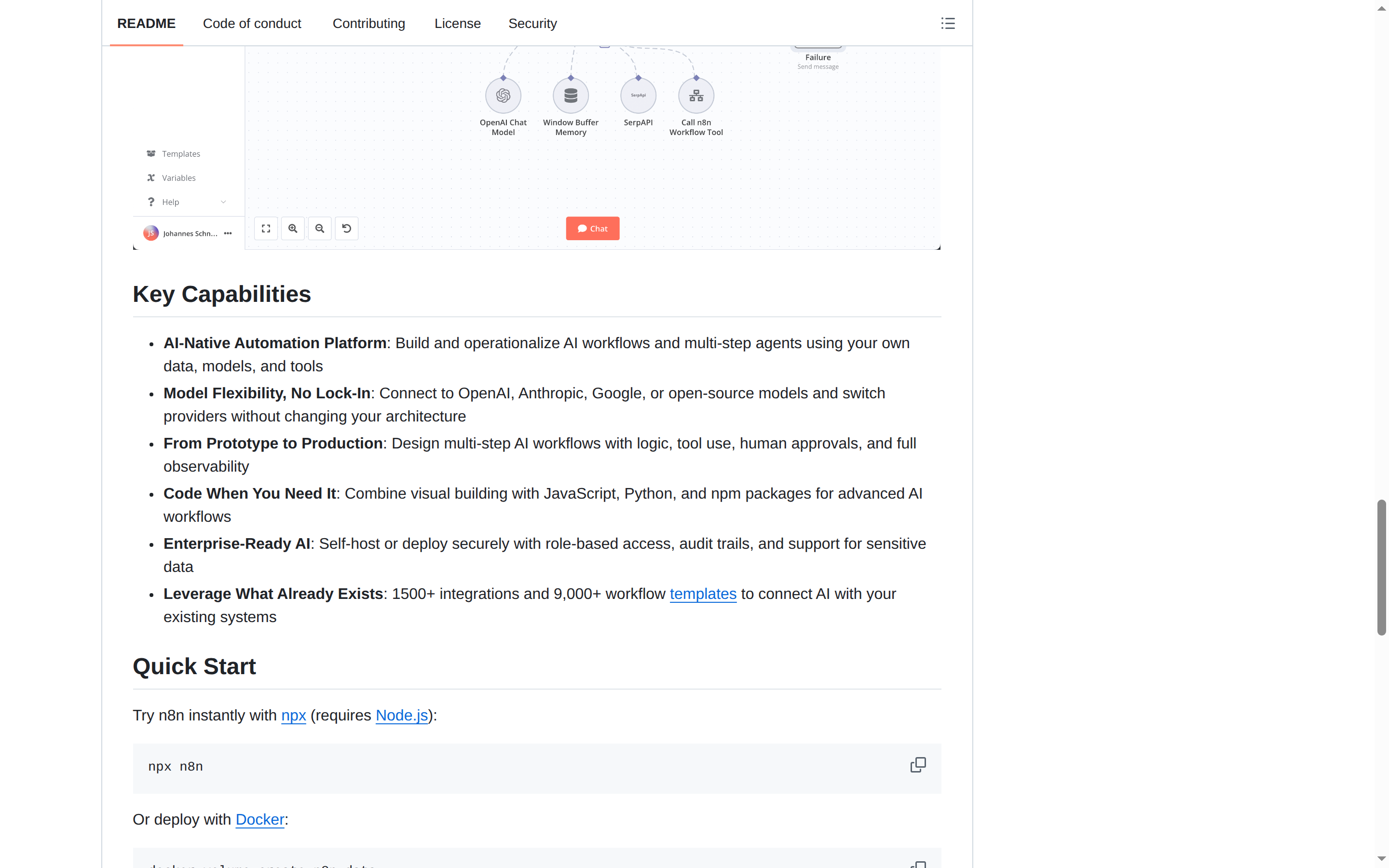 n8n README 核心內容（Key Capabilities + Quick Start）