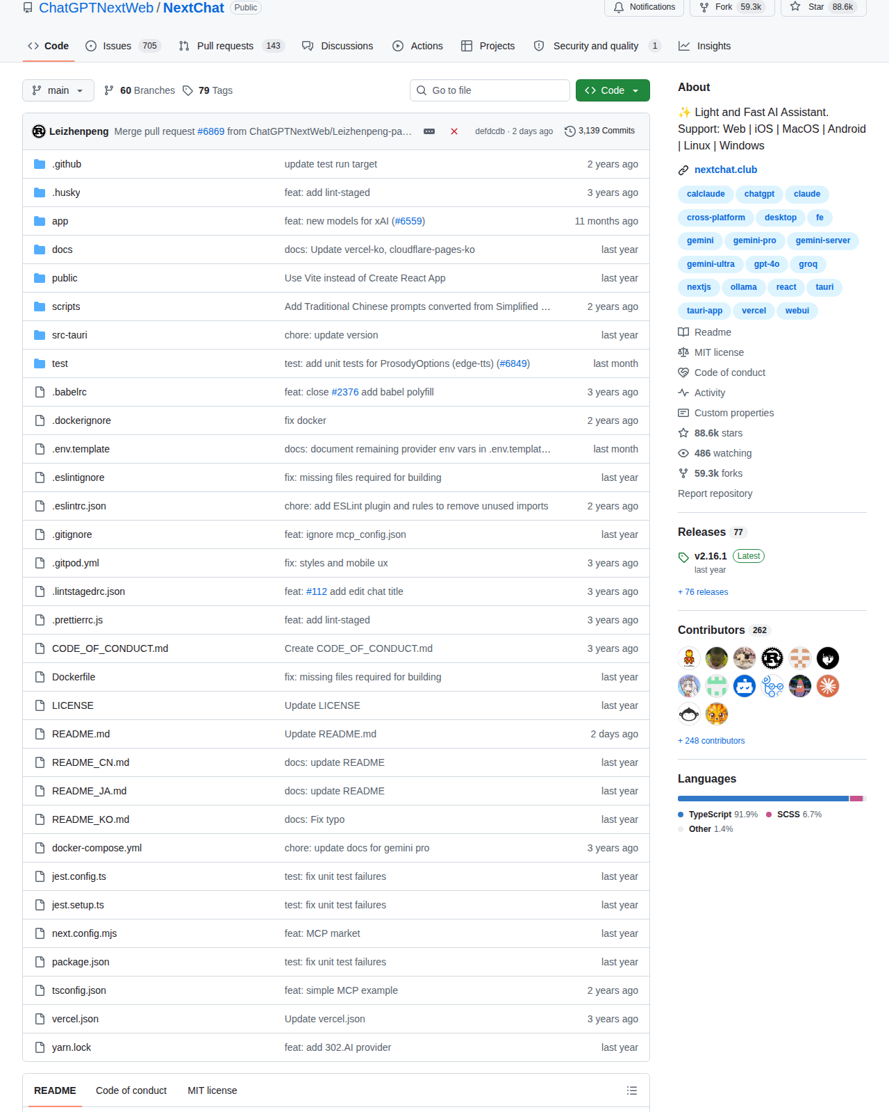 NextChat GitHub 統計資訊（Star 88.6k、Fork 59.3k、Contributors 262 與主要語言 TypeScript）