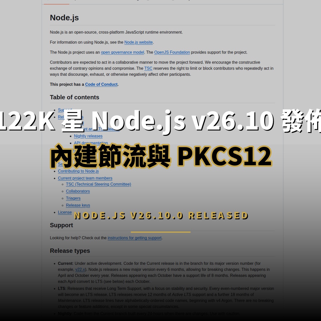 122K 星 Node.js v26.10：內建節流與 PKCS12