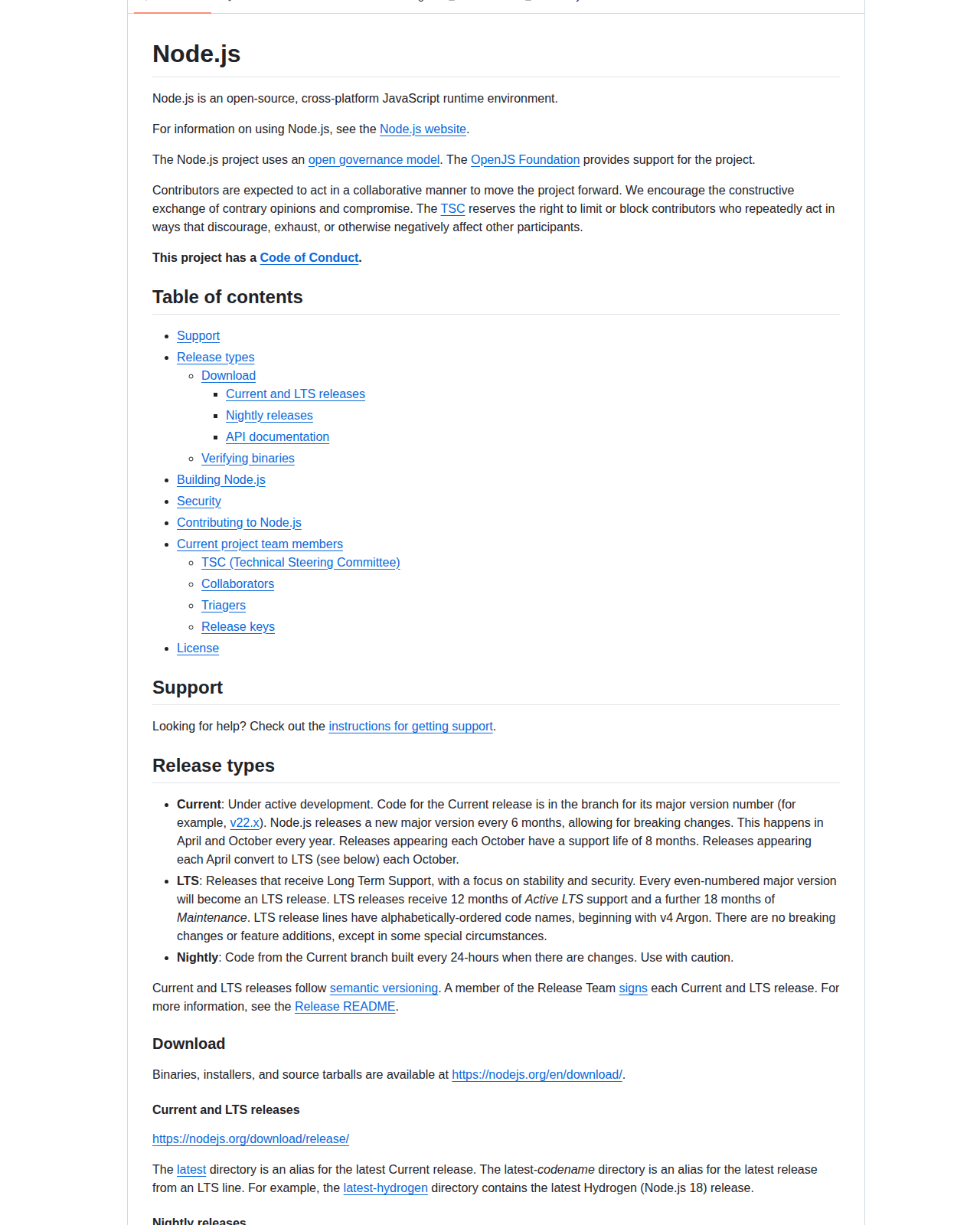 Node.js README 開頭(專案名稱 Node.js 與跨平台 JavaScript 執行環境說明)
