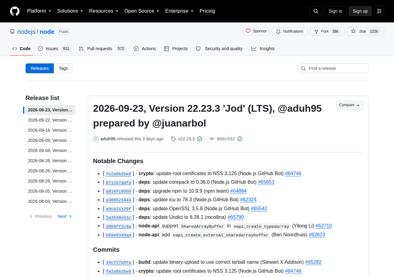 Node.js 發布頁(現行版本 v26.10.0 與多個長期支援版本清單)