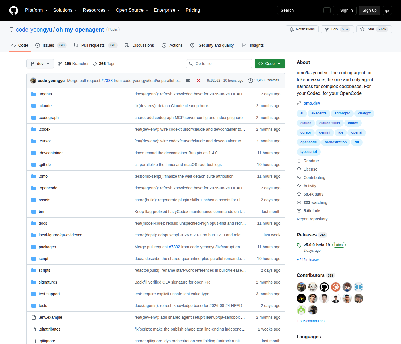 Oh My OpenAgent GitHub 首頁頂部（repo 名稱 code-yeongyu/oh-my-openagent、68.4k Star 數與項目描述）