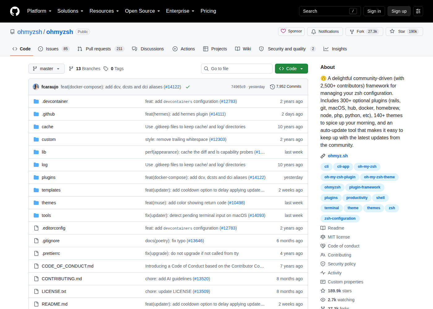 ohmyzsh/ohmyzsh GitHub 首頁頂部（儲存庫名稱 ohmyzsh/ohmyzsh、Star 數約 19 萬、Fork 數與專案描述）