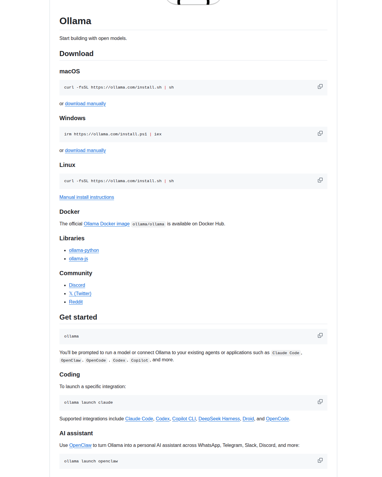 Ollama README 開頭（項目名稱「Ollama」大字 + 標語「Start building with open models」+ Download 區塊列出 macOS、Windows、Linux 安裝指令 + Docker 與 Python、JavaScript SDK 連結）