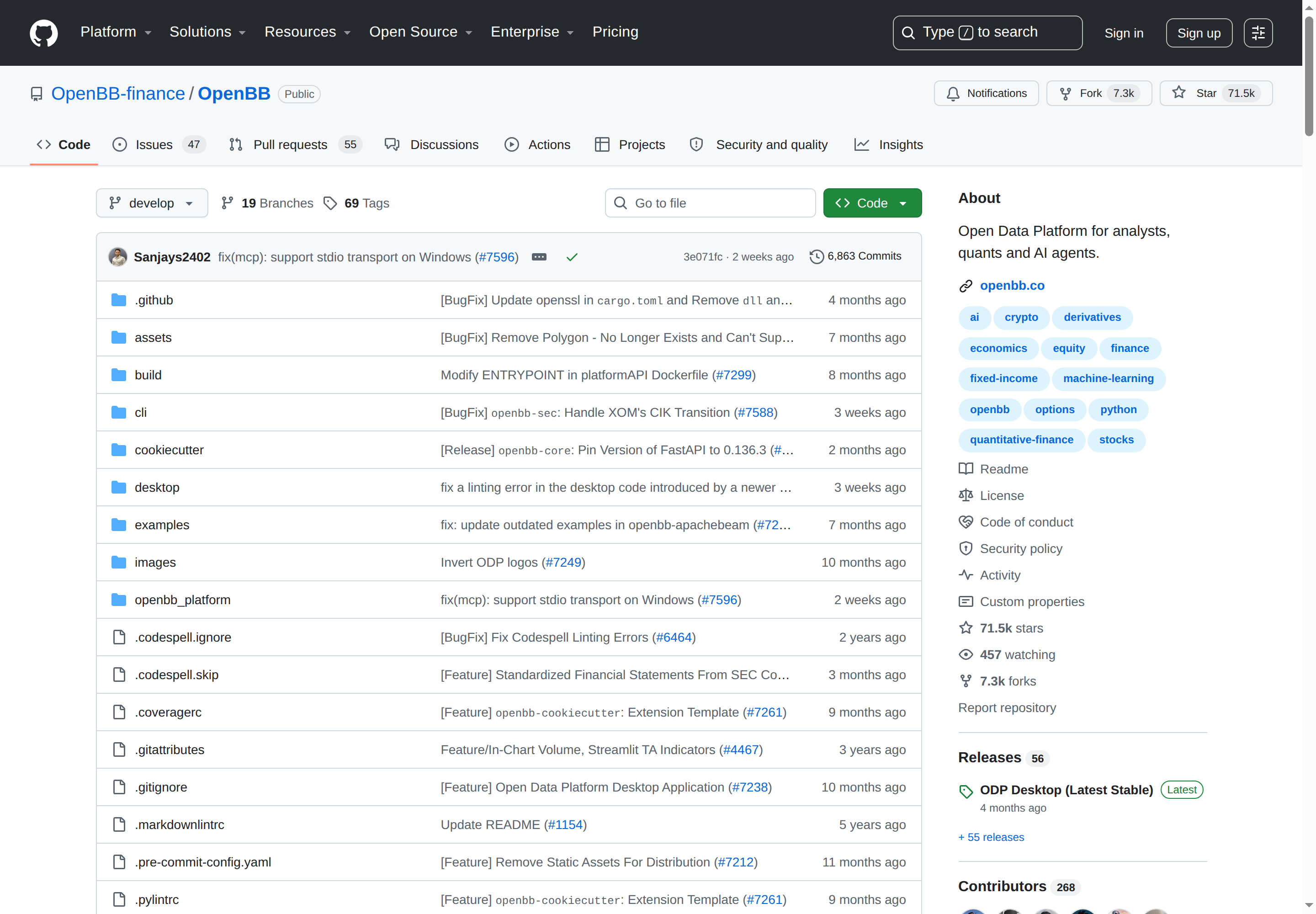 OpenBB GitHub 主頁（71.5k stars + 項目描述）