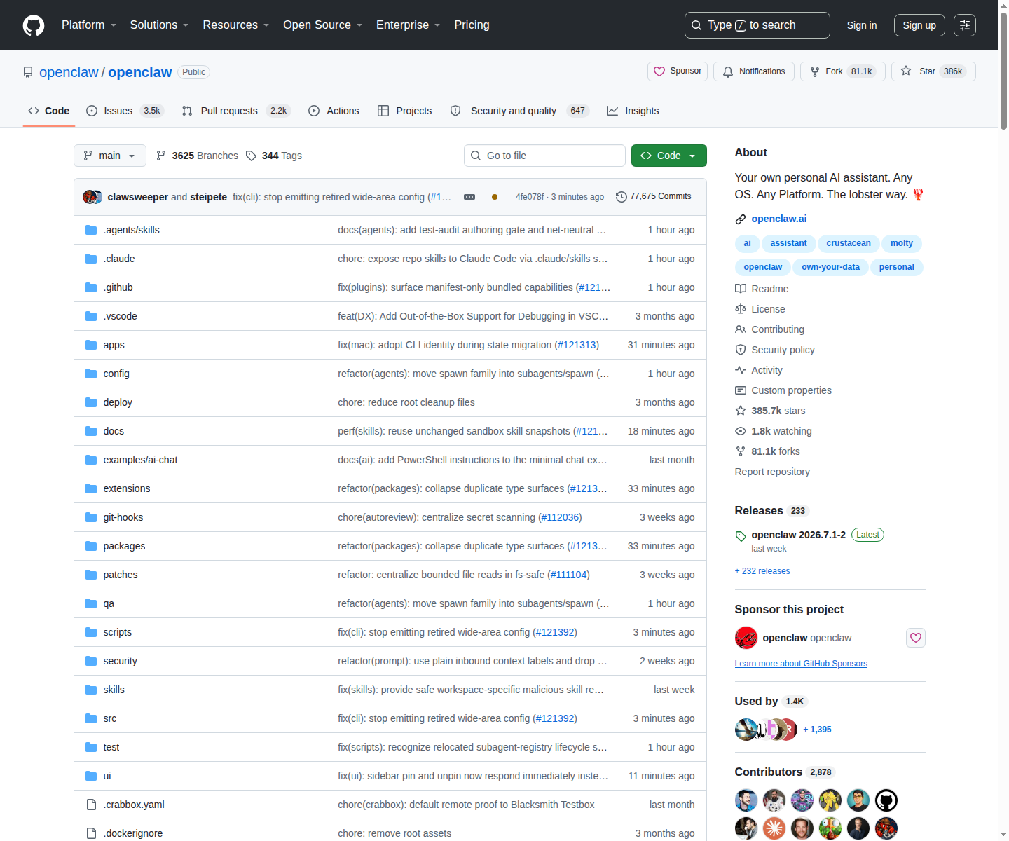 OpenClaw GitHub 首頁頂部（repo 名 openclaw/openclaw + Star 386k + 項目描述）