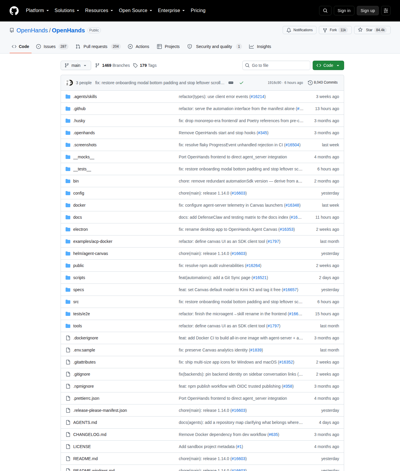 OpenHands GitHub 首頁頂部(repo 名 OpenHands/OpenHands + Star 84.4k + Fork 11k + 描述)