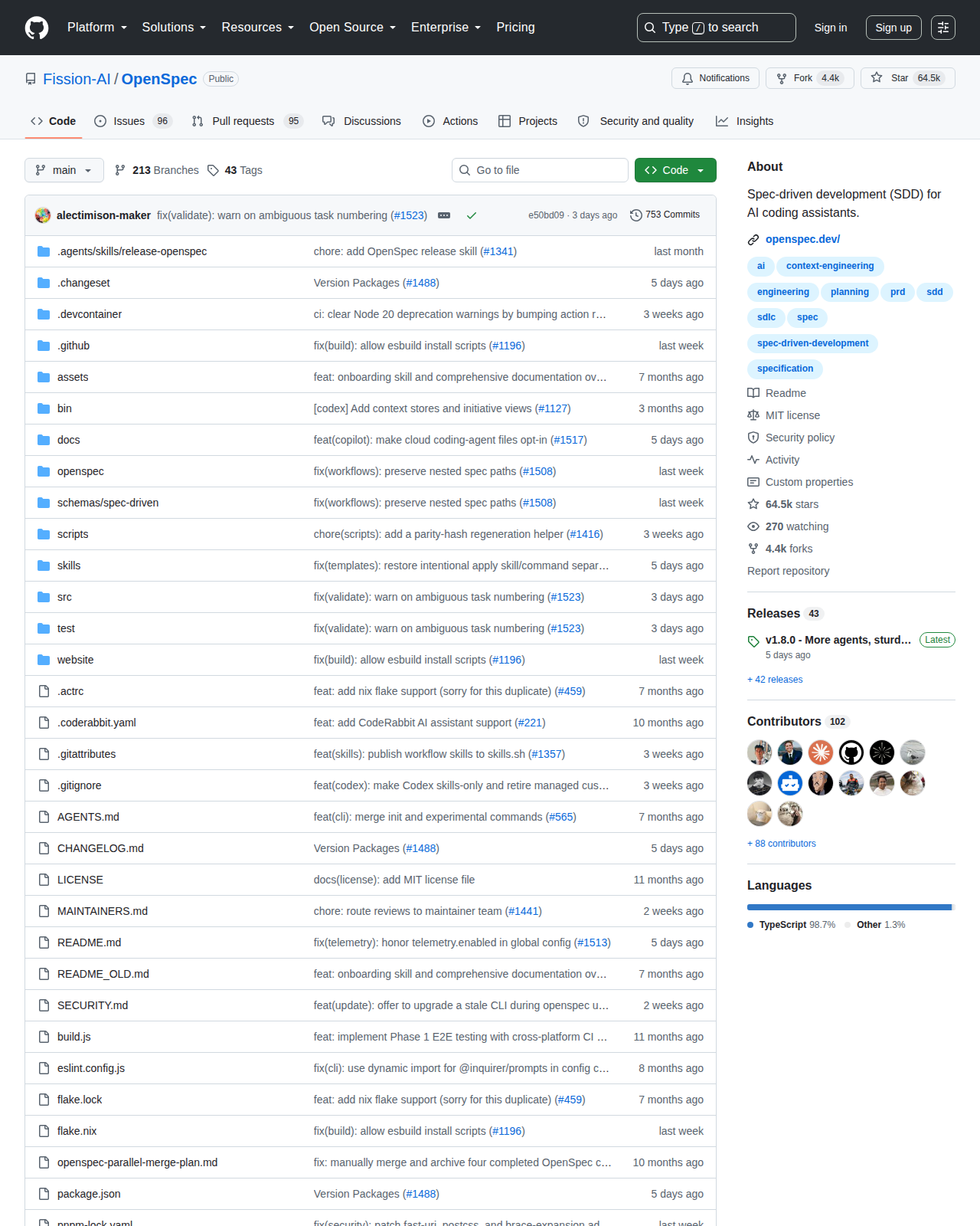 OpenSpec GitHub 首頁頂部(repo 名稱 Fission-AI/OpenSpec + 64.5k Star 數 + 4.4k Fork 數 + 項目描述「Spec-driven development (SDD) for AI coding assistants」)