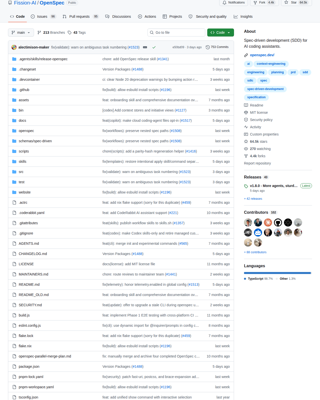 OpenSpec GitHub 統計側邊欄(64.5k stars、4.4k forks、270 watching、92 位貢獻者、TypeScript 98.7% 語言比例、v1.8.0 最新版本)