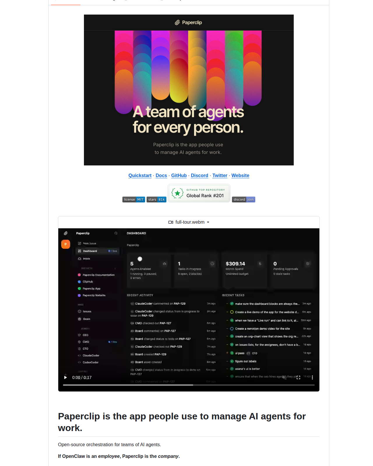 Paperclip README 開頭（項目名稱 Paperclip 大字標題、代理團隊儀表板主視覺，以及「The app people use to manage AI agents for work」說明）