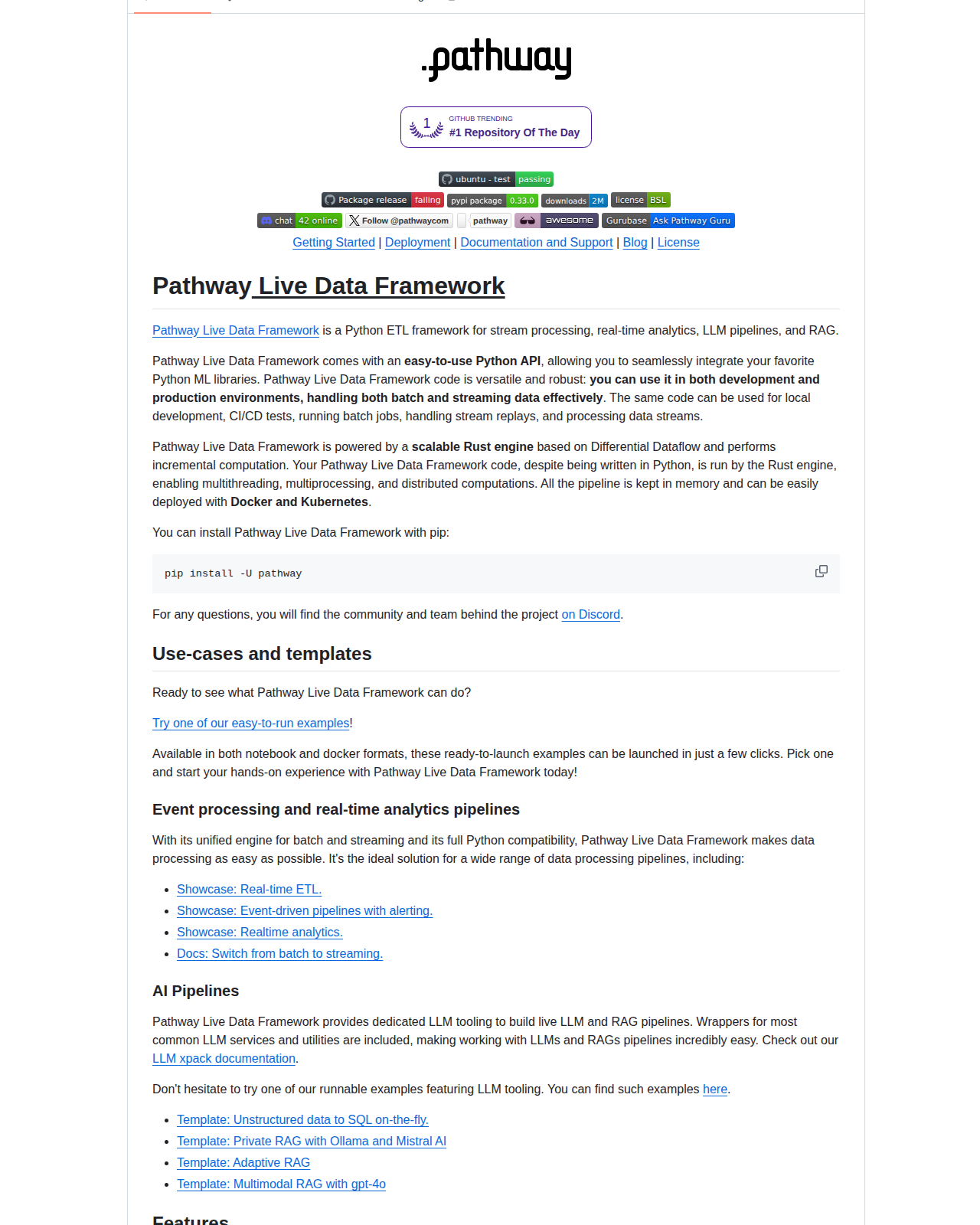 Pathway README 開頭(專案名稱 Pathway Live Data Framework 與定位說明,以及事件處理、AI 管線、連接器等特色段落)