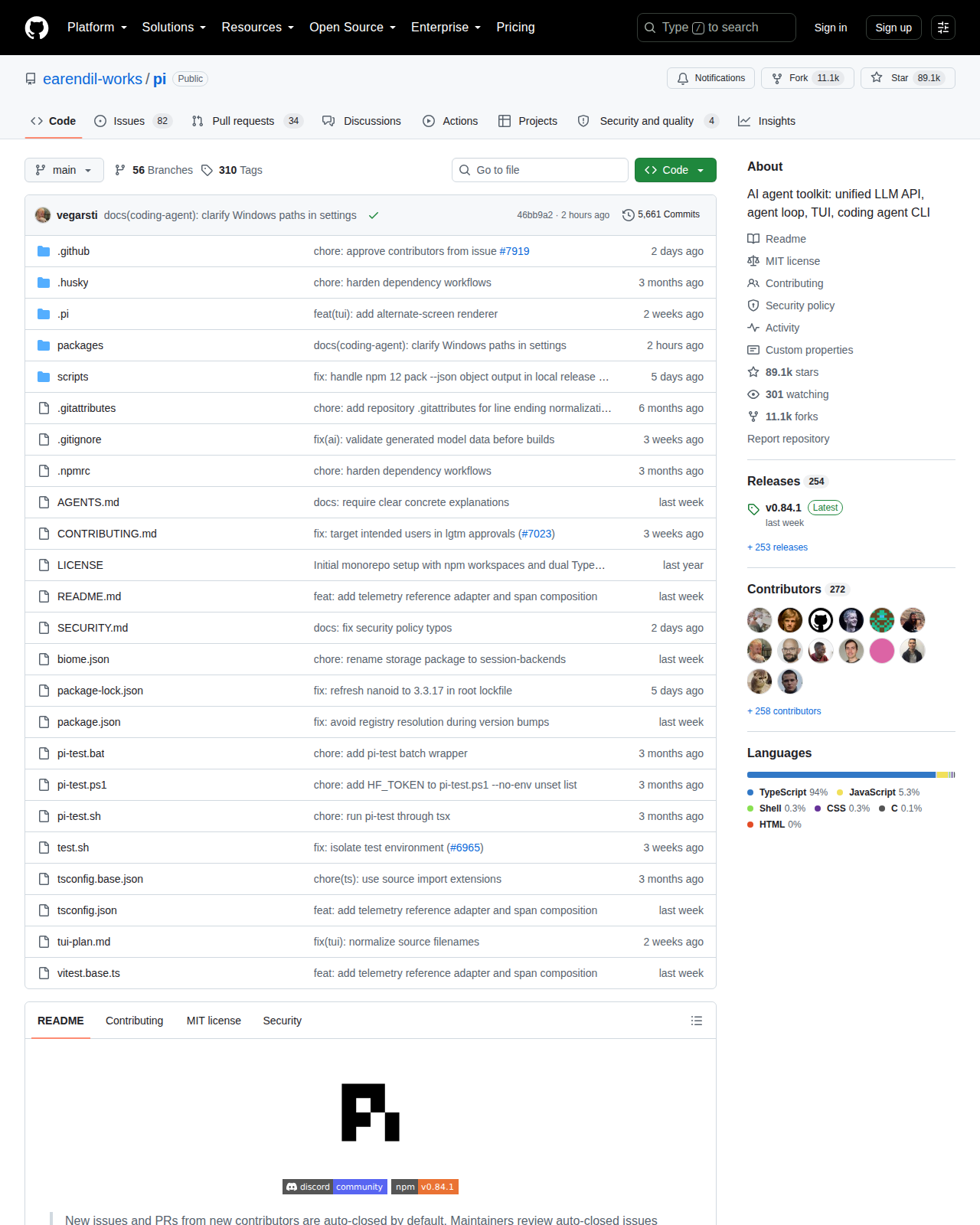Pi GitHub 首頁頂部（repo 名稱 earendil-works/pi 與 Star 數量）