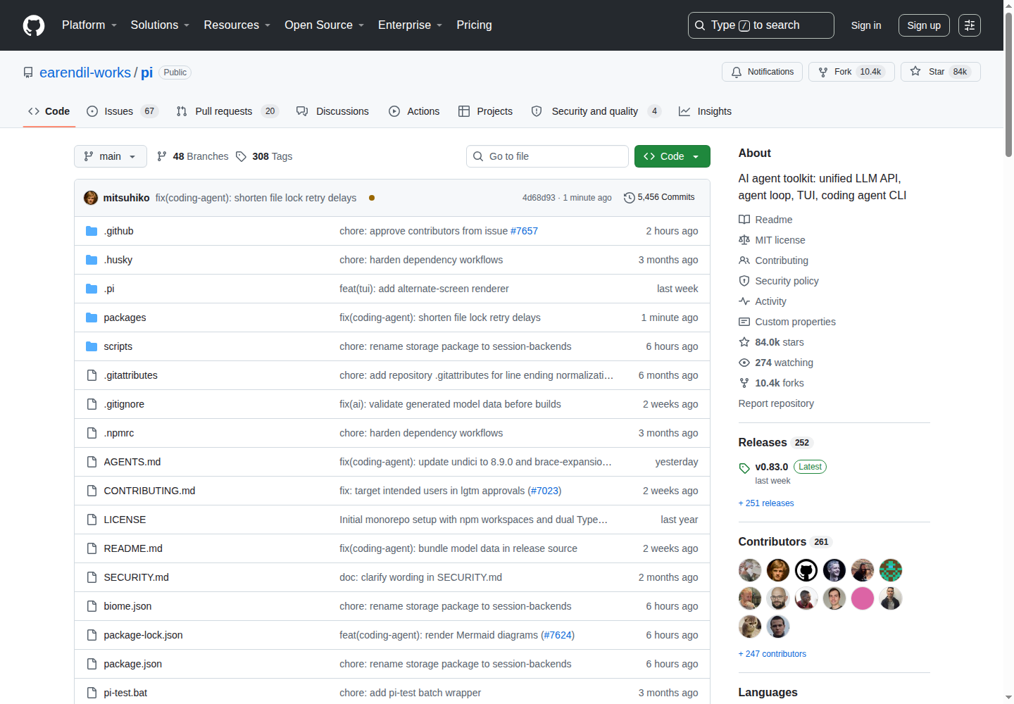 Pi GitHub 主頁(84k stars + 項目描述)