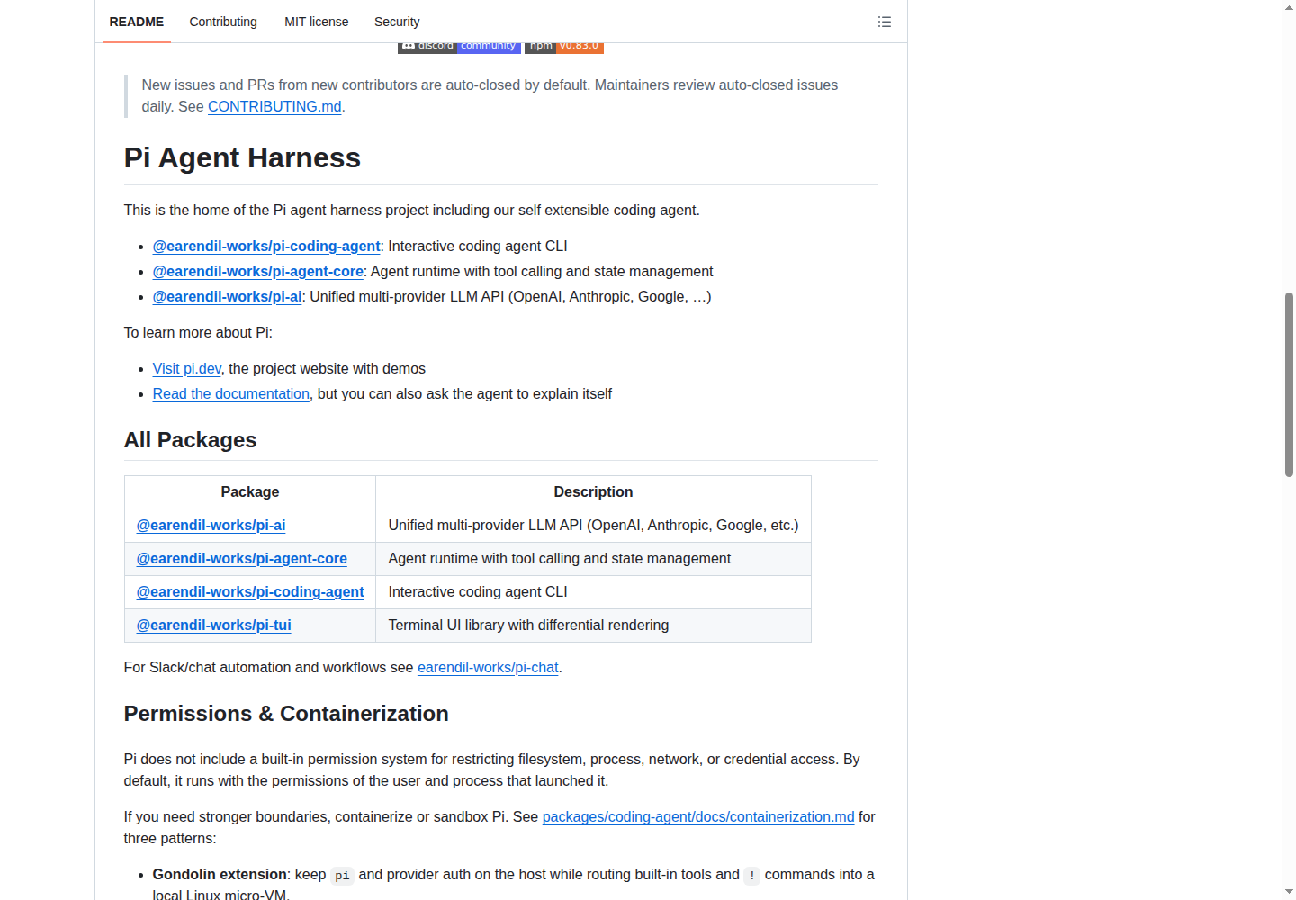 Pi README 與核心套件列表
