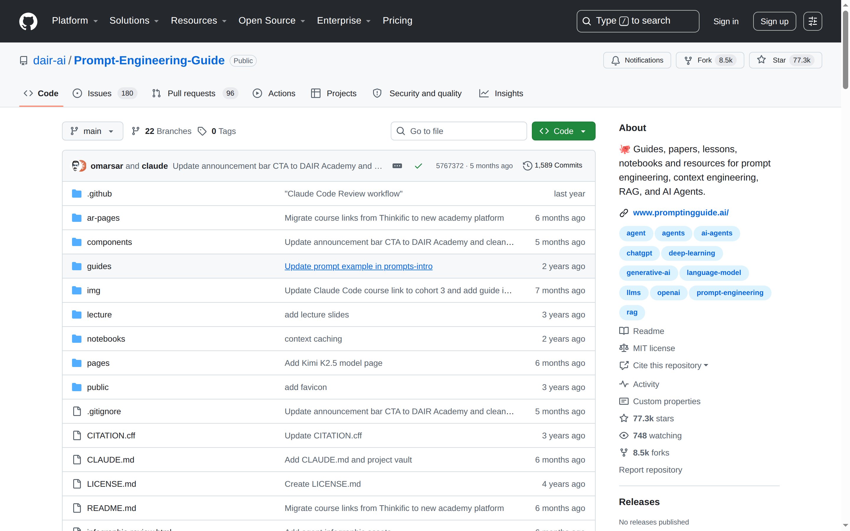 Prompt Engineering Guide GitHub 主頁（repo 名 + 77k stars + 項目描述）