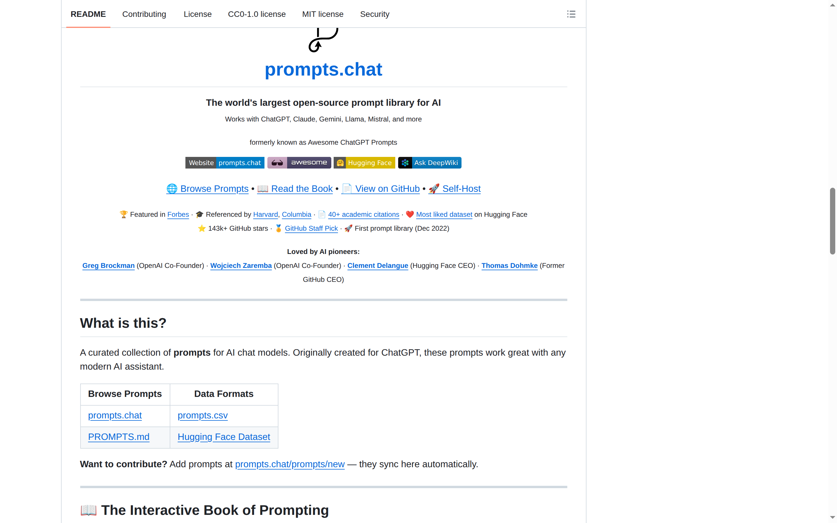 prompts.chat README 開頭（項目標誌 + 標語「The world's largest open-source prompt library for AI」）