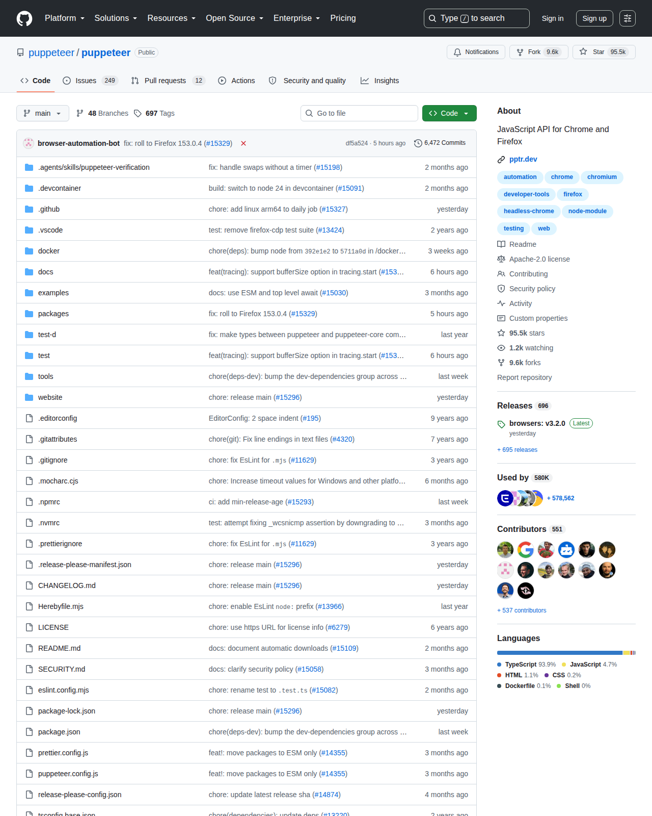 Puppeteer GitHub 首頁頂部（repo 名稱 + 95,450 Star 數量 + 項目描述）