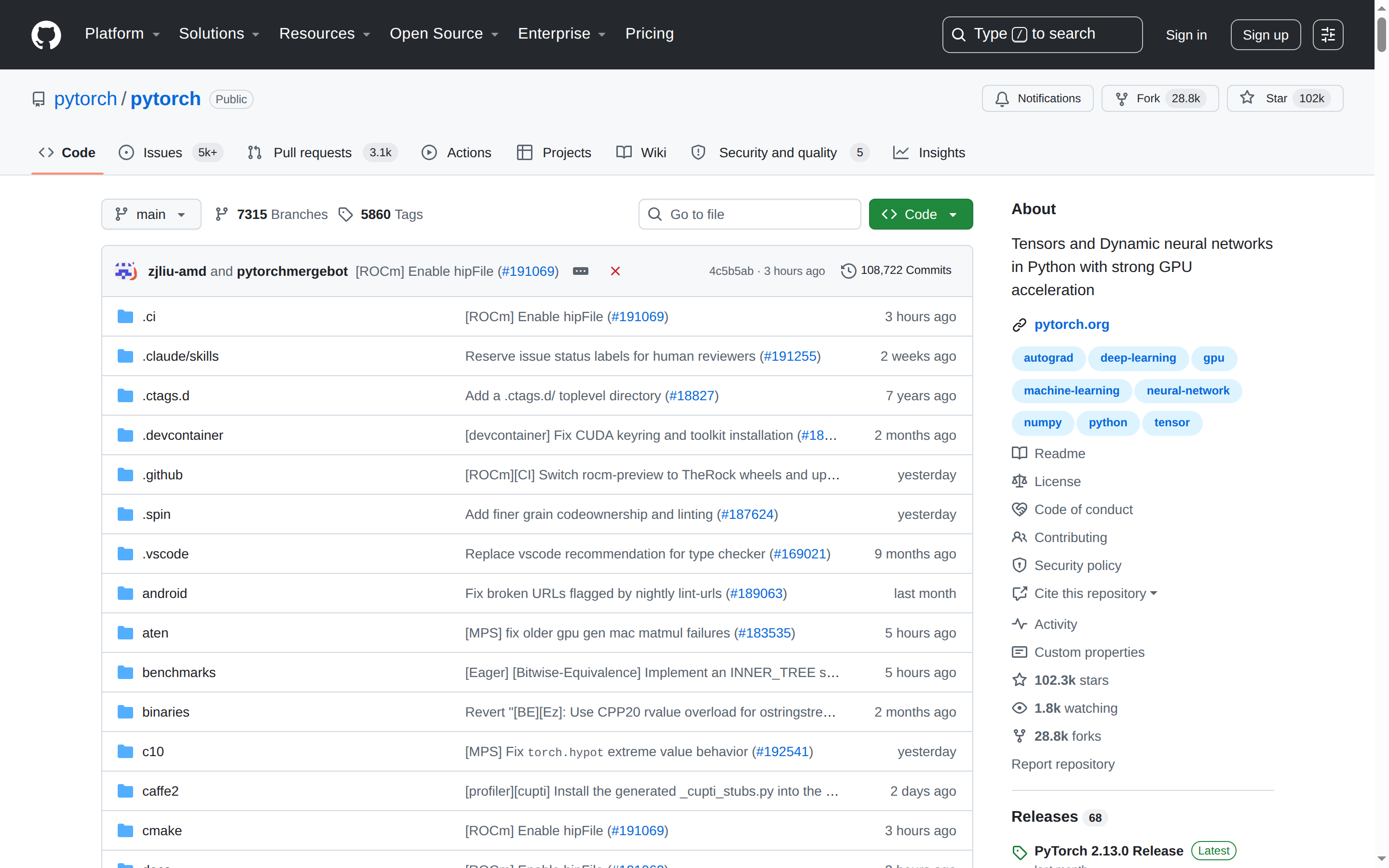 PyTorch GitHub 主頁（repo 名 + 102k stars + 項目描述）