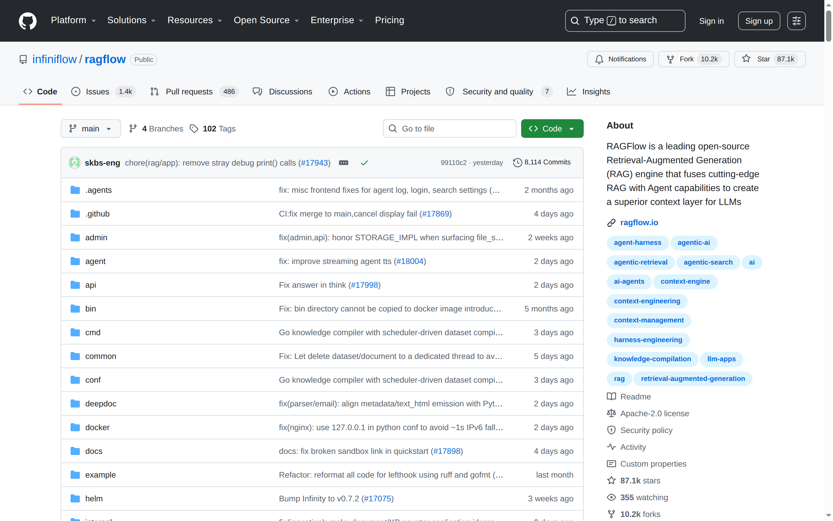 RAGFlow GitHub 主頁（repo 名 + 87.1k stars + 項目描述）