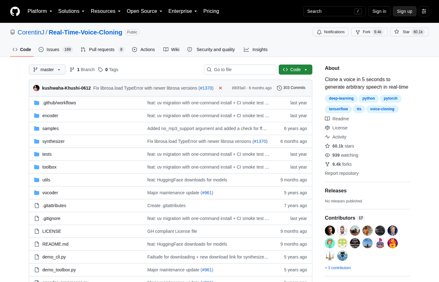 Real-Time-Voice-Cloning GitHub 首頁頂部（repo 名 + 60.1k Star 數 + 項目描述）