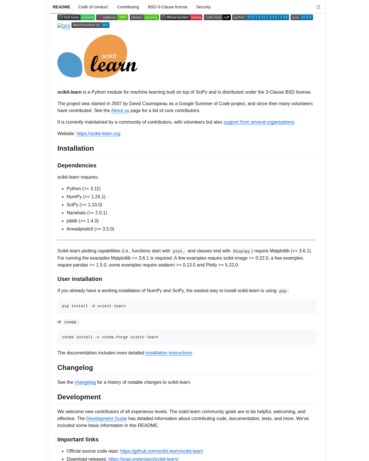 scikit-learn README 開頭(scikit-learn Logo、項目簡介與依賴說明)