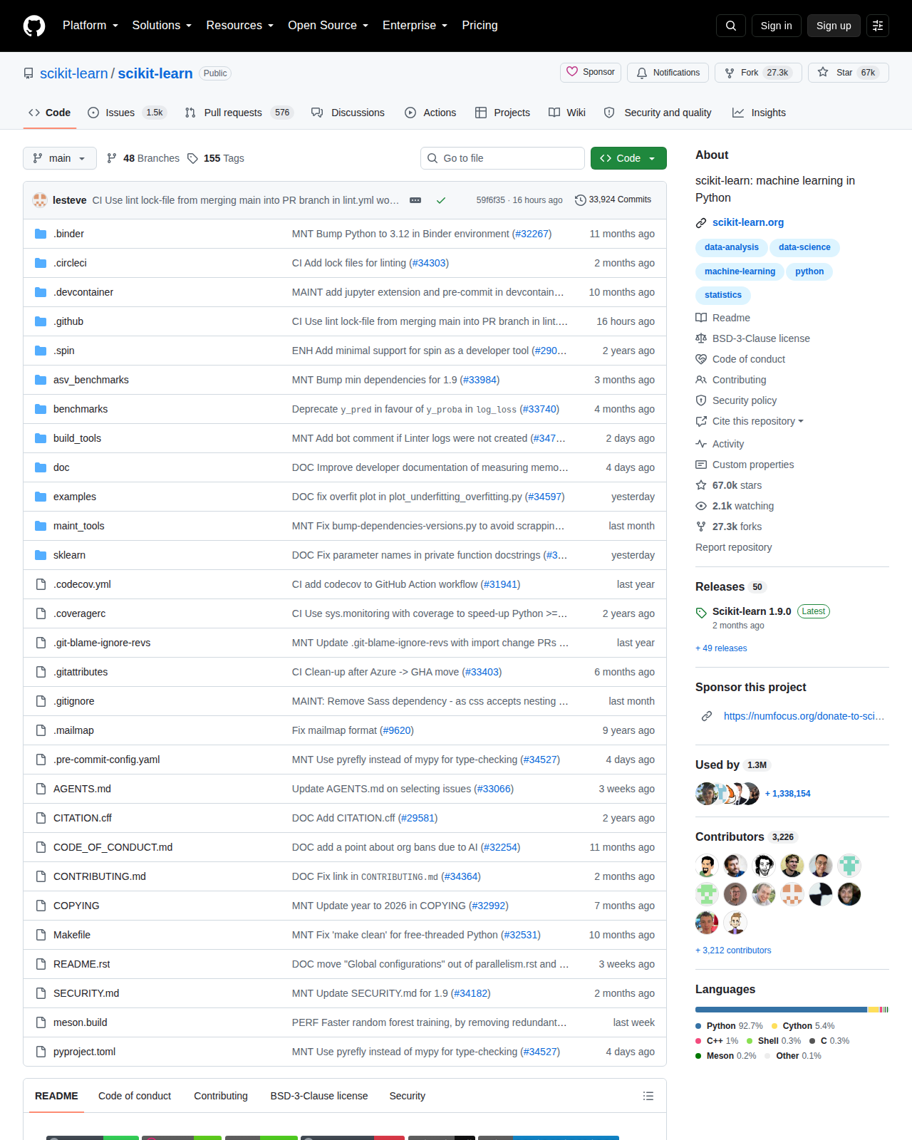 scikit-learn GitHub 首頁頂部(repo 名 + Star 數 66.9k + 官方描述)