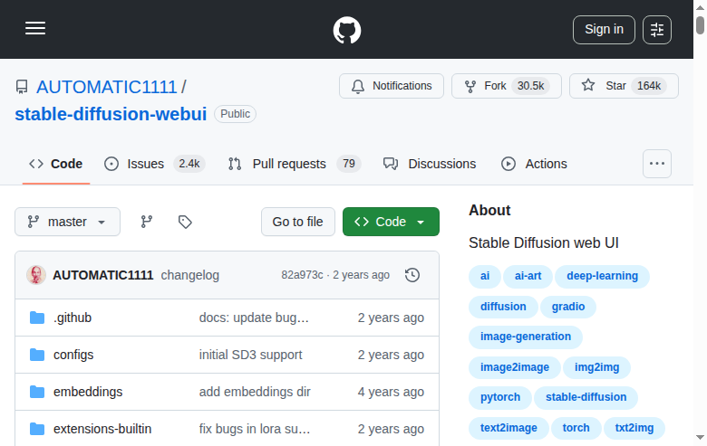 Stable Diffusion Web UI GitHub 主頁（16.4 萬星標 + 項目描述）