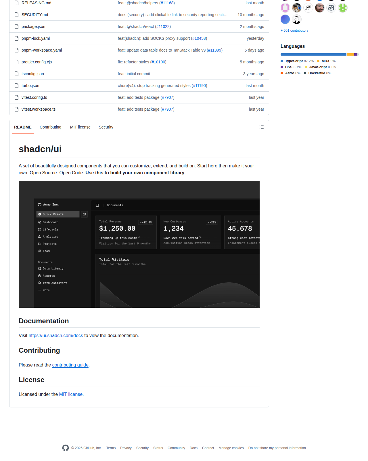 shadcn/ui README 開頭（項目名稱「shadcn/ui」+ 標語「A set of beautifully designed components」+ 官方文件連結與 MIT 授權標示）