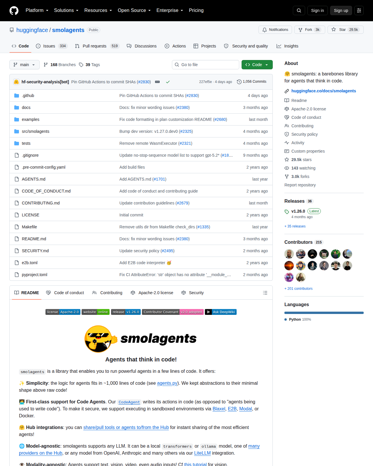 huggingface/smolagents 的 GitHub 首頁頂部，顯示儲存庫名稱、29.5k 星標、143 位追蹤者與專案描述