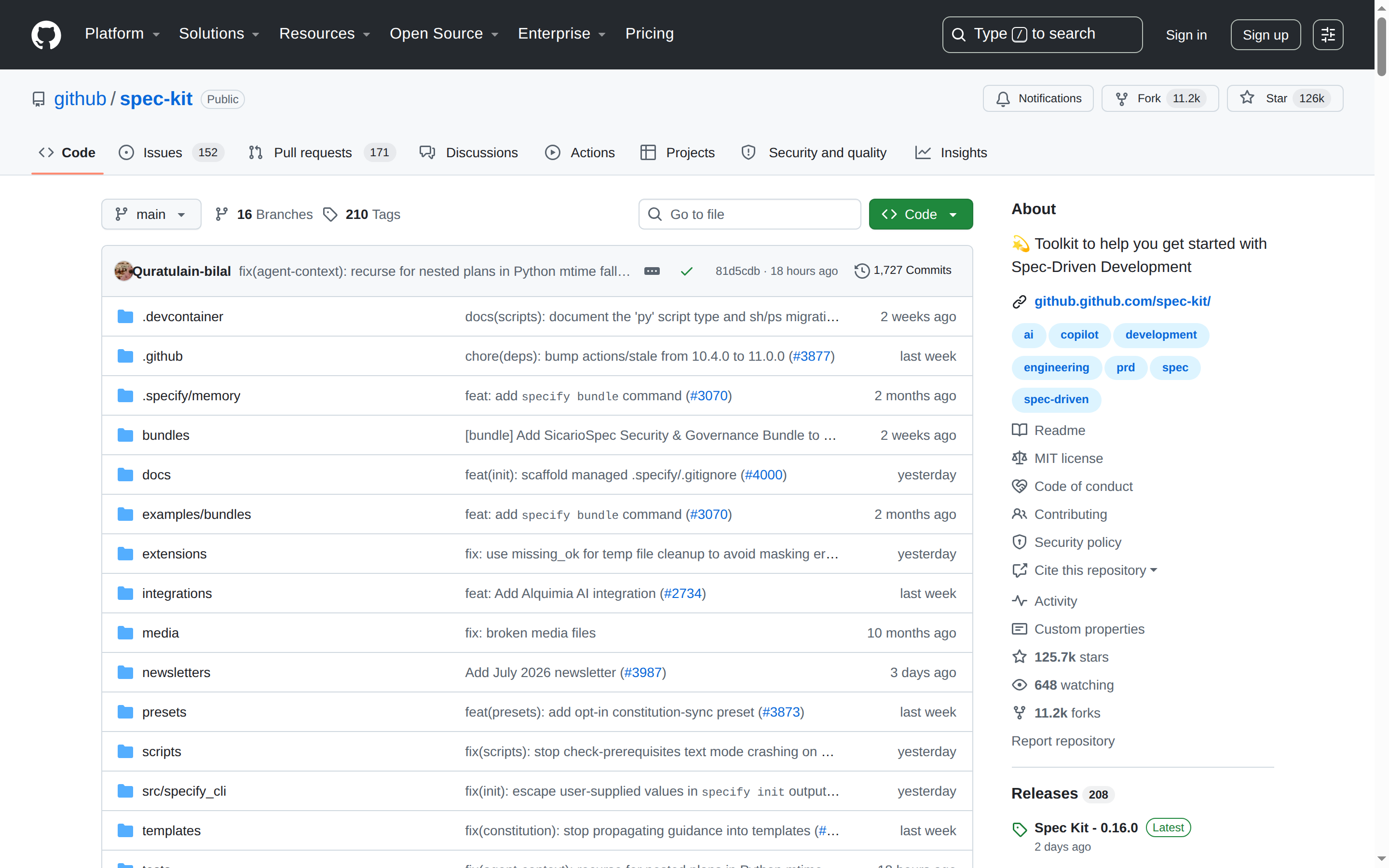 Spec Kit GitHub 主頁（repo 名 + 126k stars + 項目描述）