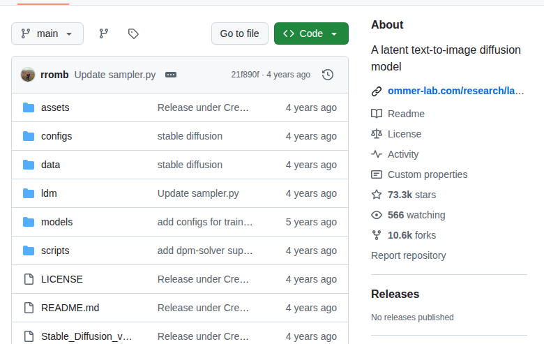 Stable Diffusion GitHub About 側欄統計(About 區塊 + 73.3k stars + 10.6k forks + 官方網站連結 ommer-lab.com)