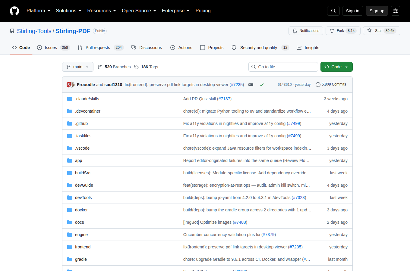 Stirling-PDF GitHub 首頁頂部（repo 名稱「Stirling-Tools / Stirling-PDF」+ 89.6k 星標 + 8.1k Forks + 描述「#1 PDF Application on GitHub」+ 主要語言 Java + 授權標籤）