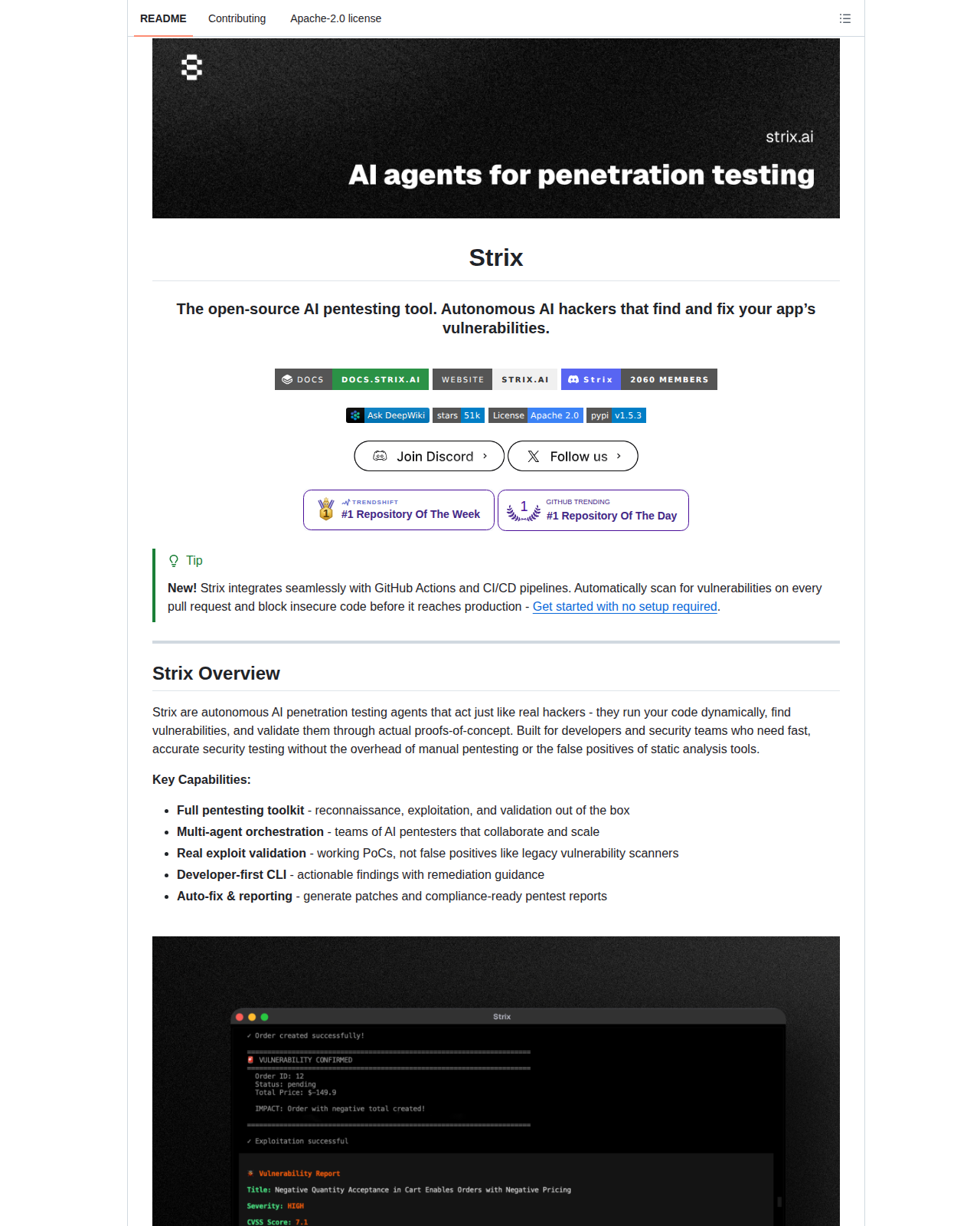 Strix README 開頭（項目名稱「Strix」大標題 + 標語「The open-source AI pentesting tool. Autonomous AI hackers that find and fix your app's vulnerabilities」+ 官方網站與文件連結徽章）