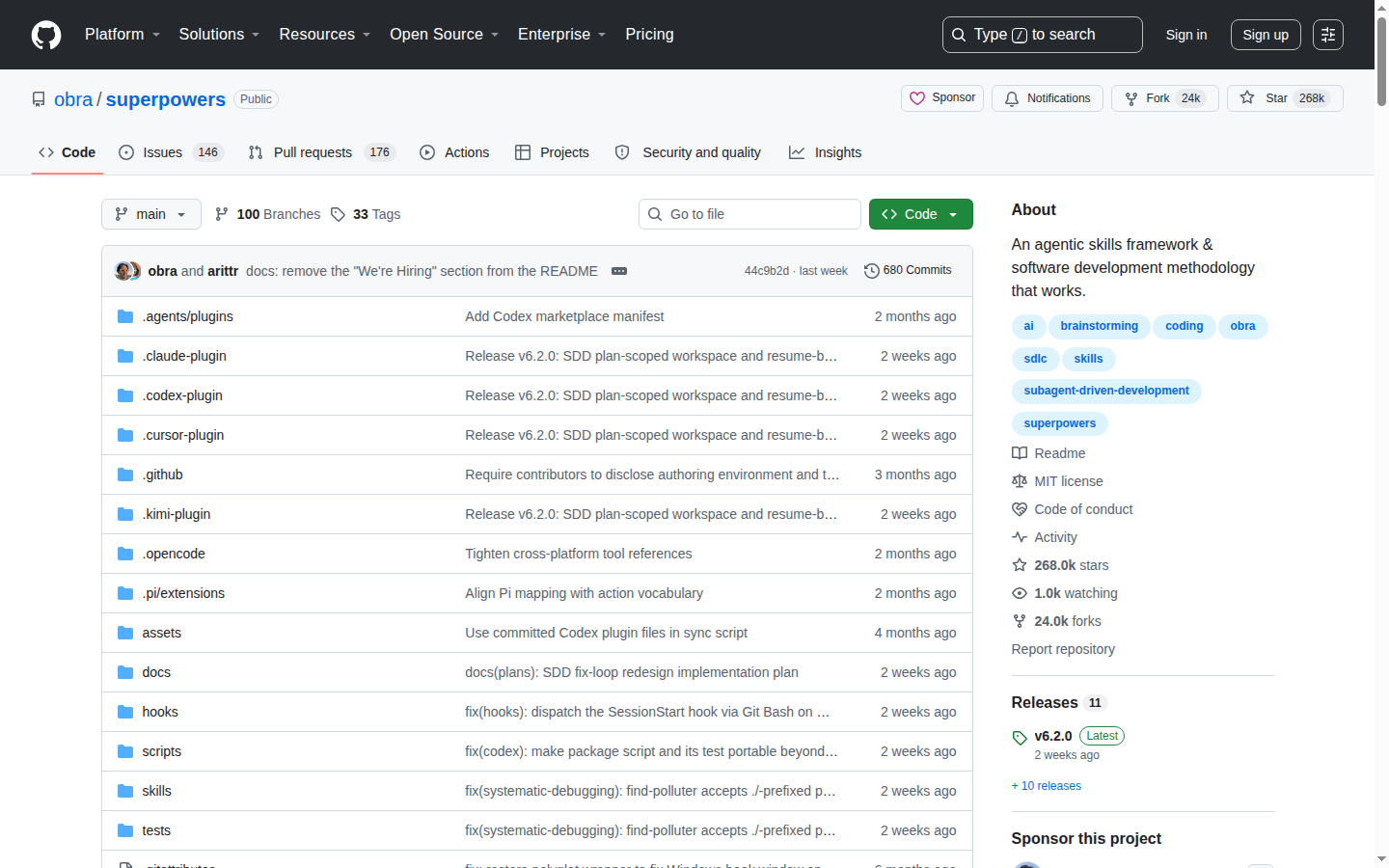Superpowers GitHub 主頁（268K stars + 項目描述）