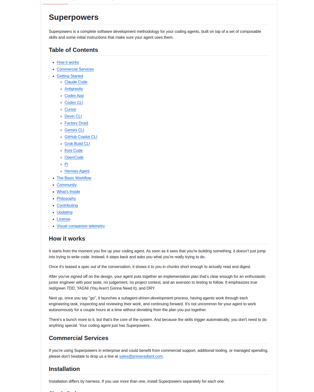 Superpowers README 開頭(項目名稱與標語,說明其為一套編碼代理的完整軟體開發方法論)