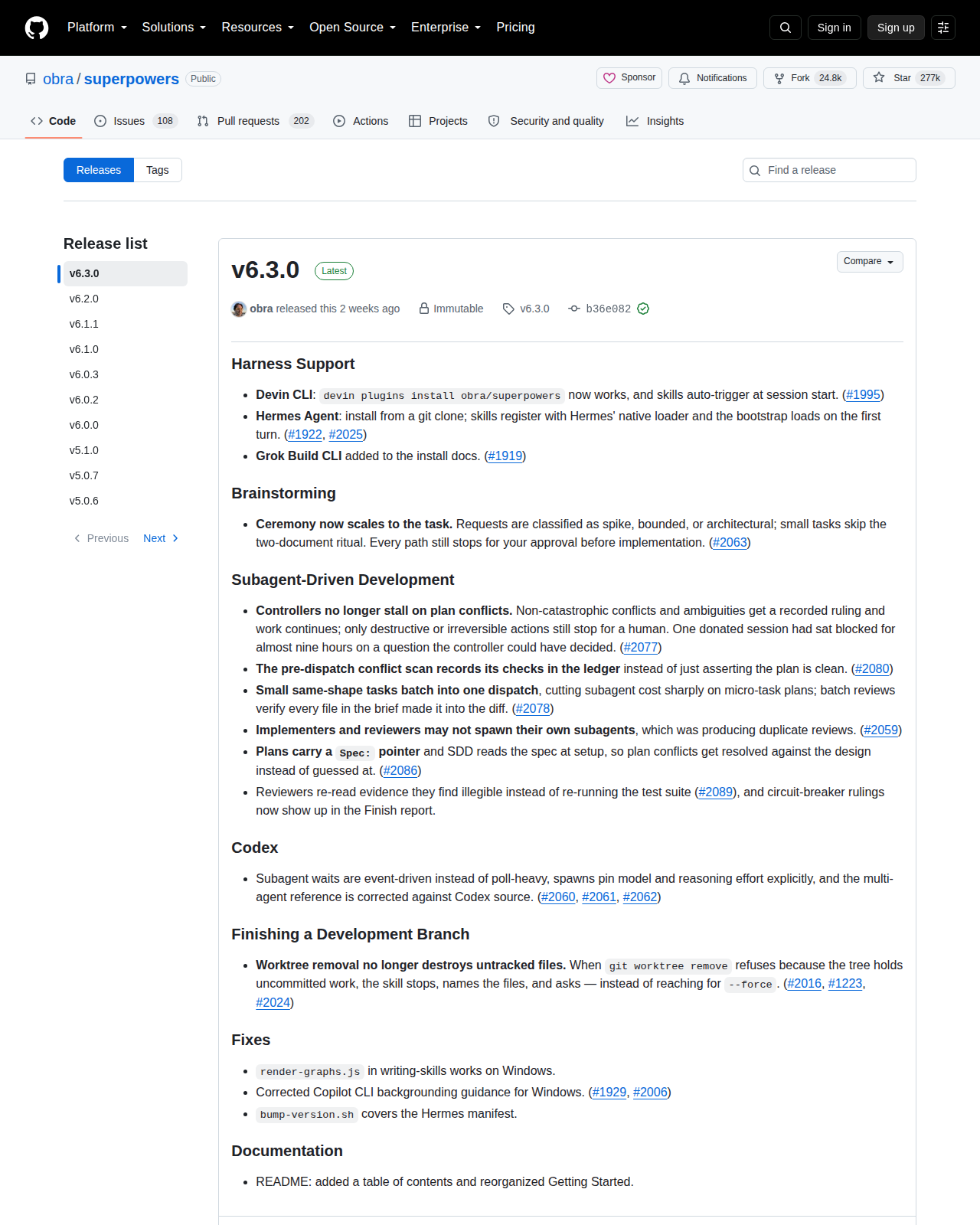 Superpowers Releases 統計頁(repo 名 + Star 數 + v6.3.0 發布紀錄與版本列表)