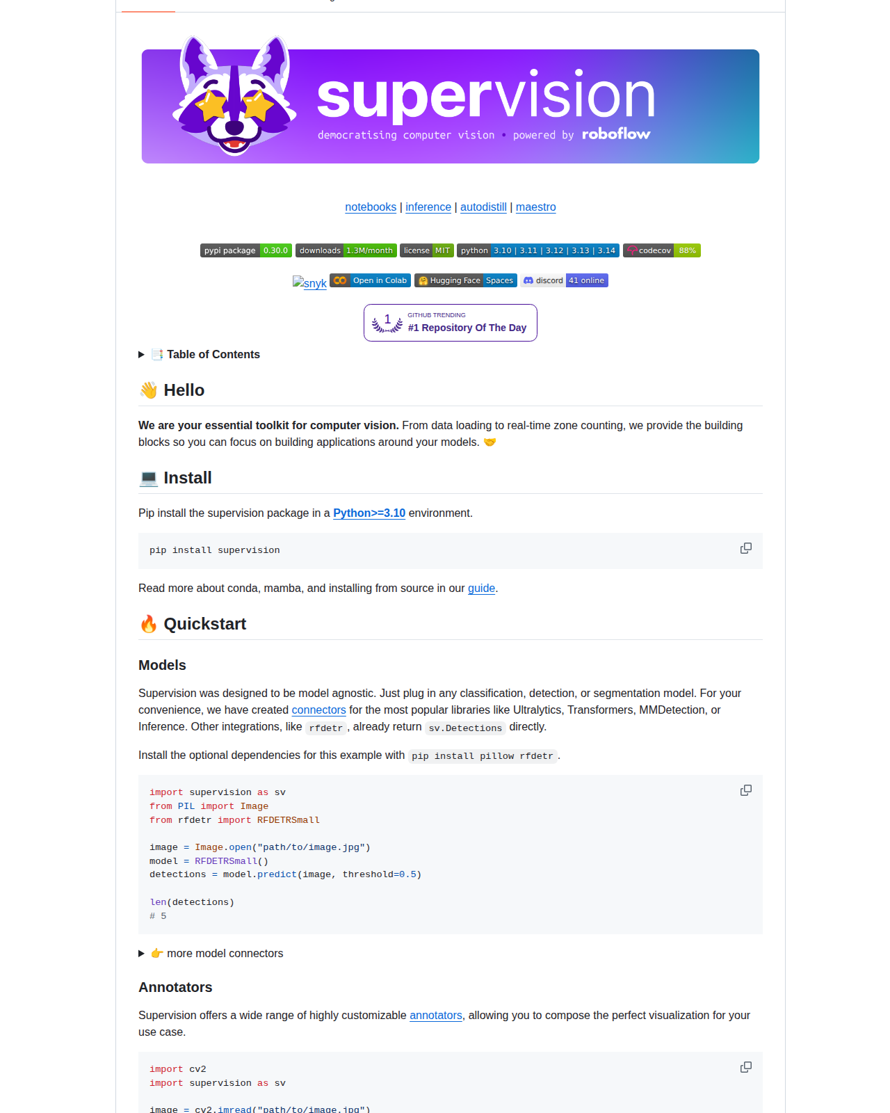 supervision README 開頭（項目名稱「supervision」大字 + 標語「We write your reusable computer vision tools」+ Python 3.10 以上安裝指引與 Quickstart 程式碼範例 + PyPI、下載數、MIT 授權、Python 版本等徽章）
