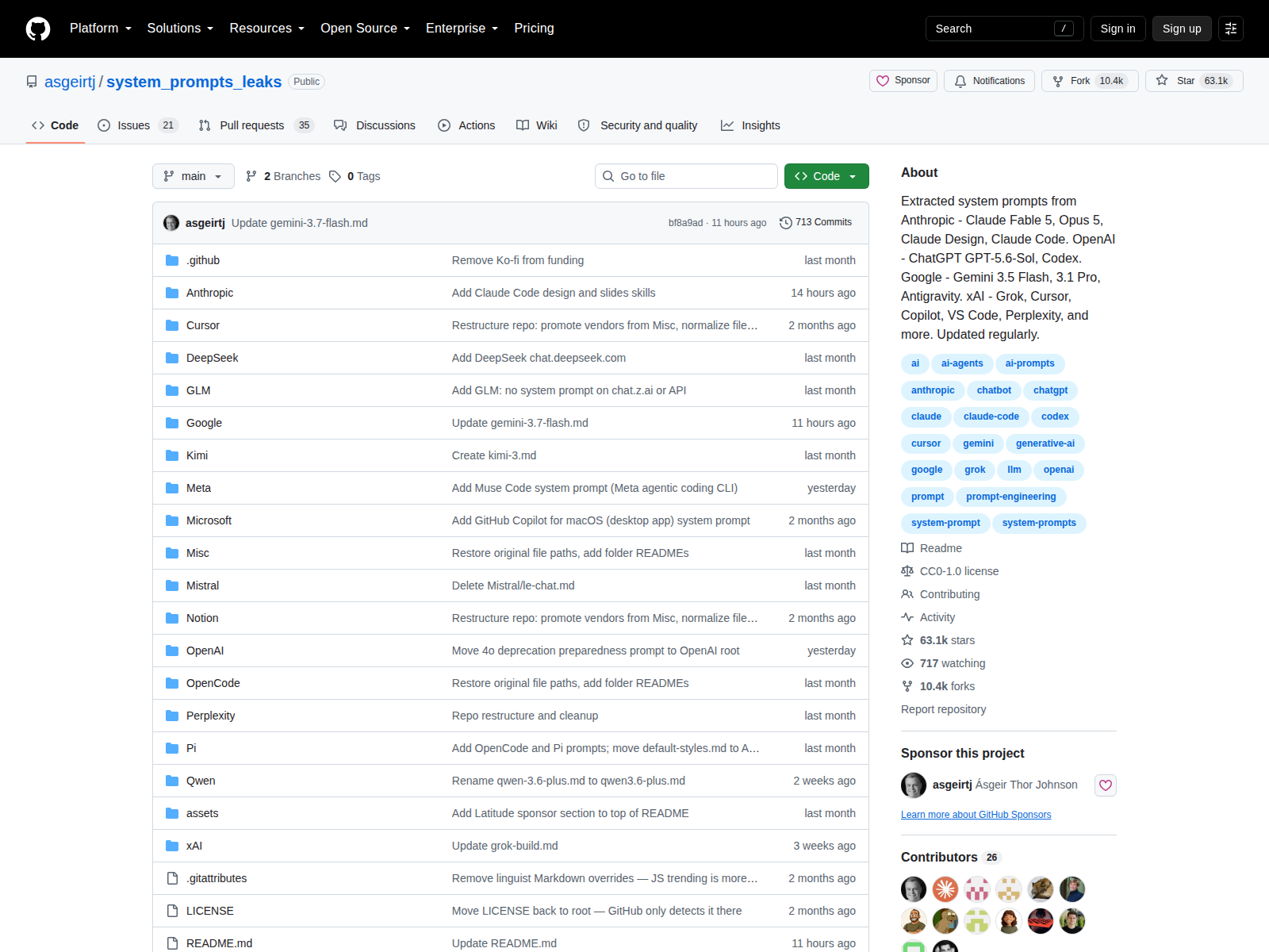 System Prompts Leaks GitHub 首頁頂部（repo 名 asgeirtj/system_prompts_leaks + 63.1k 星標 + 10.4k forks + 描述）